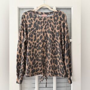 Brushed Women’s L Soft Tie Front Tan Gray Animal Print Knit Top | SKU 0449
